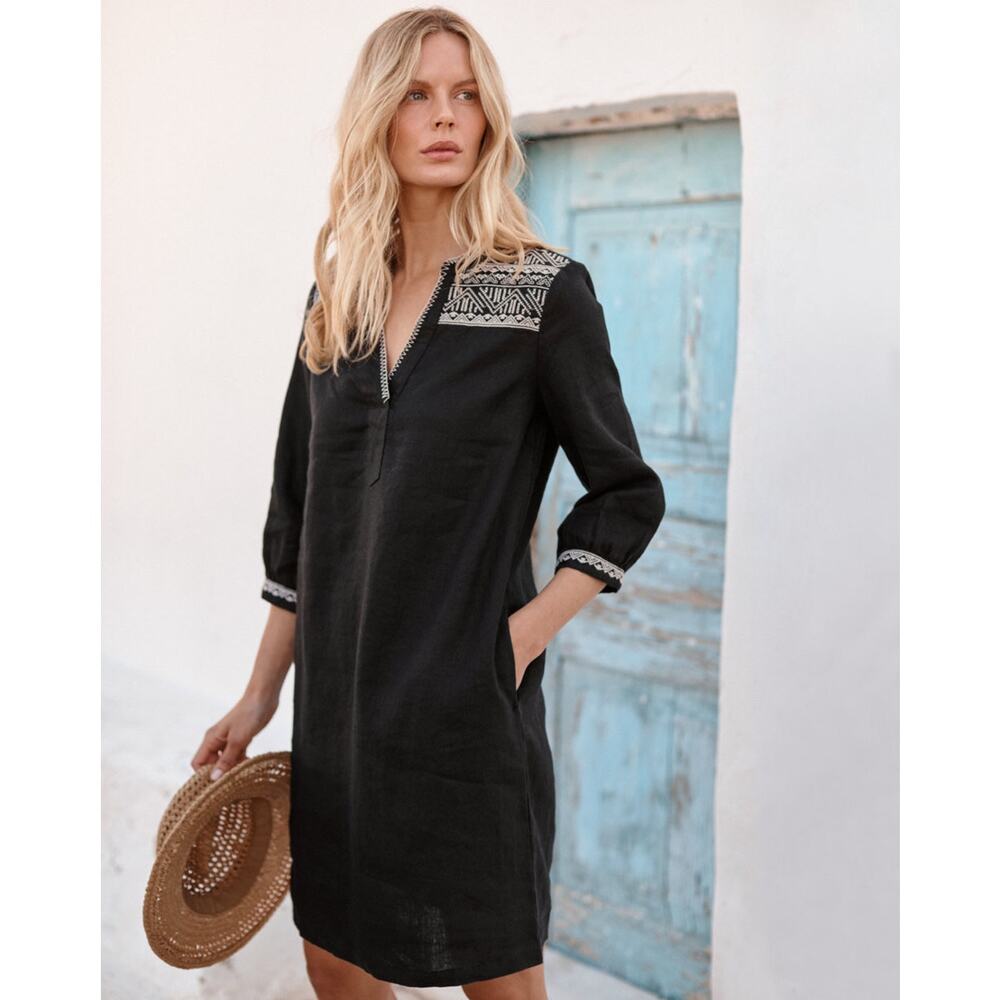 Garnet Hill Artist Smock Dress Womens L Black Linen Embroidered Boho Pockets